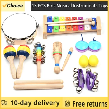 13 бр. детски музикални инструменти-Играчки с чанта за носене на Цветни Дървени ударни инструменти Подаръци за децата от най-ранна възраст