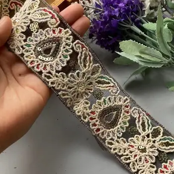 2 Ярд 5 см Пайети Африканска лейси покритие Сребро многоцветен геометрична лента за шиене на рокли със собствените си ръце Дантелени материали