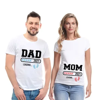 2021 Нова хубава тениска за двойки с принтом татко + майка + дете за бременни, тениска с обявяването на бременността, Тениска за двойки бременни