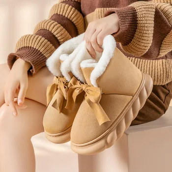2023 Гореща зимни топли обувки, дамски домашни чехли, Меки плюшени зимни обувки дантела за момичета, Домашна градинска обувки за момичета