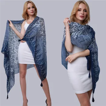 2023 Дамски Дълги шалове Елегантни синьо-бели порцеланови пелерини с пискюли и принтом Дамски плажни шалове в национален стил