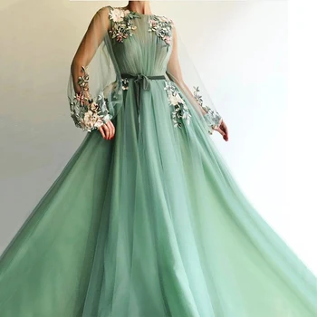 2023 Елегантни рокли за бала трапецовидна форма, Модни дълги ръкави с 3D цветове, рокля за бала, за вечерна рокля от тюл, Vestido Fiesta Noche