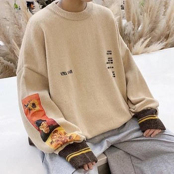 2023 Есента памук мъжки пуловер в стил хип-хоп, пуловер, вязаный пуловер с бродерии, картини на Ван Гог, реколта мъжки пуловери