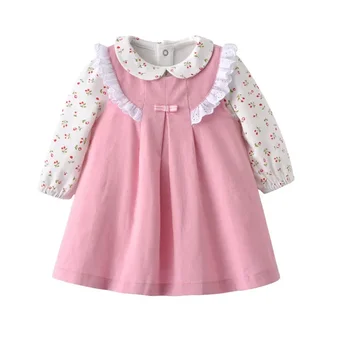 2023 Корейски модерен комплект от рокли за малки момичета, 2 броя, Детски памучни ризи с цветен модел + Дантелено розова рокля, облекло за първия рожден ден на децата