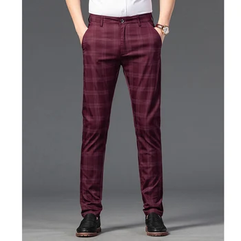 2023 Нови британски каре мъжки панталони, модерен бизнес памучни панталони, ежедневни панталони прави панталони, Черни, сини, червени панталони за костюм