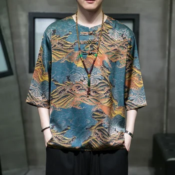 2023 Пролет-лято, мъжка тениска в китайски стил, ретро Ледена коприна Тан, Блузи с къс ръкав, по-големи размери, Ханбок с принтом Харадзюку