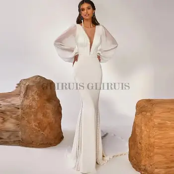 2023 Сватбена рокля на Русалка с дълбоко V-образно деколте, секси дълги шифоновые ръкав на Сватбена рокля с влак и отворен гръб Vestido De Noiva