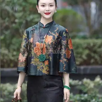 2023 сезон: пролет-лято нов костюм тан топ ретро свободни в китайски стил за жени половина ръкави, яка-часова рецепция с флорални принтом рокли топ s265
