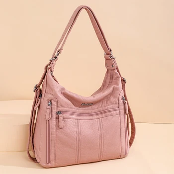 2024 Дамска чанта с голям капацитет, дамска чанта за през рамото от изкуствена кожа, дамски многофункционална чанта-тоут, чанти през рамо, Розово Основният Женски чанта