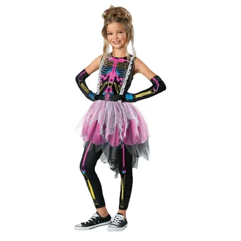2024 Детски многоцветен духа на Хелоуин, на карнавалните костюми за момичета с дъга костите на скелета