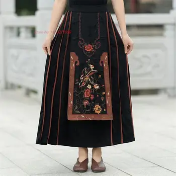2024 китайска реколта пола с национална бродерия на цветя, традиционна пола трапецовидна форма, с еластичен колан, подобрена пола от етнически жакард