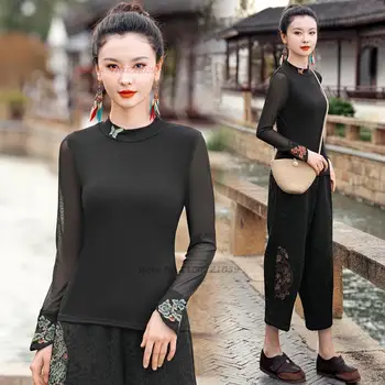 2024 китайската традиционна тениска с национална бродерия на цветя, мрежест ръкав, базова риза, китайски реколта върховете hanfu, ориенталски костюм от епохата на тан