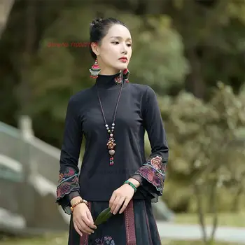 2024 китайската традиционна тениска с национална бродерия на цветя, риза с яка-часова, реколта върховете hanfu, костюм на източен стил тан, базова риза