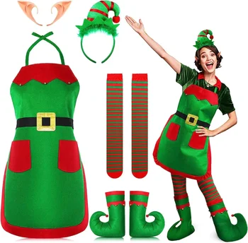 2024 Коледни костюми елфи, подходящи комплекти за жени, момичета, възрастни, Коледен костюм на Дядо Коледа, Забавен престилка, Чорапи, Обувки, превръзка на главата