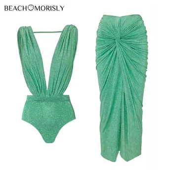 2024 Нов зелен цял бански с дълбоко v-образно деколте, лъскава текстура, плисе женски бански костюм, плажно облекло, бански костюм