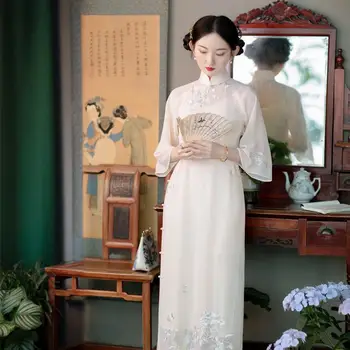 2024 пролет-лято Република Китай подобрена бродерия елегантна рокля ципао-секси елегантна вечерна дантелено рокля чонсам