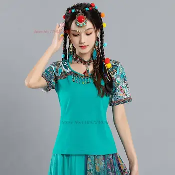 2024 традиционен китайски жена топ hanfu, национален цветен принт, риза с кръгло деколте, елегантен ретро блузи, костюми тан, реколта риза с пискюли