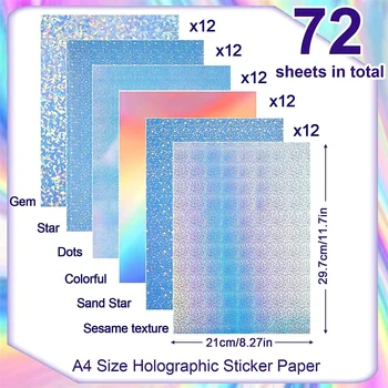 72 Лист Хартия за холографски стикери с шарки във формата на скъпоценни камъни и Звездички, Винил хартия за етикети формат А4 за печат, 8,27 x 11,7 инча