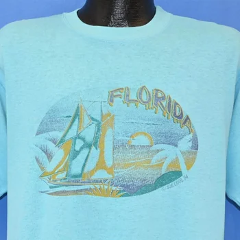 80-те години на Флорида Сънсет Оушън Бийч Плаване с лодка Палма Выцветшая тениска голям размер