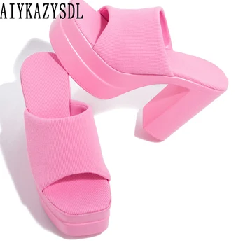AIYKAZYSDL Розови джапанки Дамски Ежедневни улични чехли на платформа, сандали на висок масивна ток, Лятна Пролет обувки Дама 2023 г.