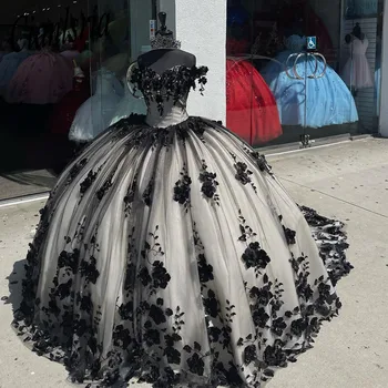 ANGELSBRIDEP Черна бална рокля на принцеса Буйни рокли 3D Цветя с открити рамене Дантелени апликации, Мъниста Vestidos De 15 Anos
