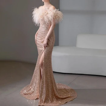 Ashely Ala Луксозна Вечерна рокля от Саудитска Арабия, вечерна рокля без презрамки, расшитое пайети и пера, Секси рокли за бала с цепка, Празнична рокля Vestido