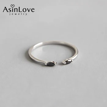 AsinLove Истинско сребро 925 Проба, просто мини-пръстен с черен цирконием, творчески дизайн от ръчно изработени Изящни бижута, открити пръстени за жени в подарък