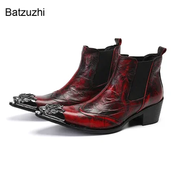 Batzuzhi/ Новост 2022 г.; Дизайнерски Обувки; Мъжки Ботильоны От Естествена кожа, С Метална бомбе; Мъжки Вино-червено Вечерни и Сватбени Botas Hombre, 38-47