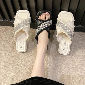 BCEBYL / Модни дамски чехли, летни сандали с отворени пръсти, Ежедневни елегантни чехли с кристали, дамски обувки