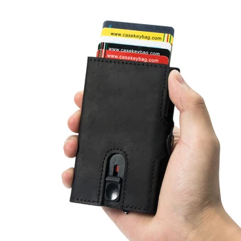 CASEKEY Rfid, държач за кредитни карти от естествена телешка кожа, мъжки портфейл, черно малък калъф за банкови карти, умен минималистичен портфейл Porte Carte