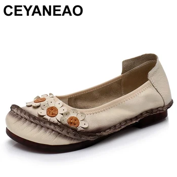 CEYANEAO/ Дамски обувки на плоска подметка; Колекция 2019 г.; Ежедневни дамски ръчно изработени обувки; Дамски обувки на плоска подметка от естествена кожа с цветен модел; балет апартаменти; Женски лоферы; 1714