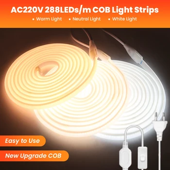 COB LED Неонова Лента 220V EU Switch Plug 288Leds/m High Bright Outdoor Garden FOB Tape CRI RA90 за Кухненско Осветление Дома