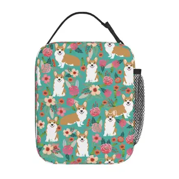Corgi в ретро стил с флорални мотиви, изолирани чанти за обяд, голям чанта-хладилник за кучета, Множество чанта-тоут, обяд-бокс, чанти за храна за пикник