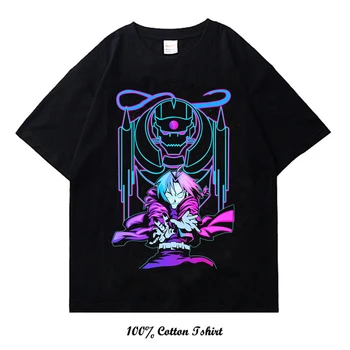 Fullmetal ALCHEMIST, черно улично рокля в стил харадзюку, тениска с принтом на японското аниме, памучен ежедневни тениска, летен топ с къс ръкав