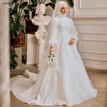 Funyue Арабски Дубай Vestido De Noiva Casamento Трапециевидное Мюсюлманската Сватбена Рокля в Хиджабе с Дълъг Ръкав, Ислямското Дантелено Сватбена Рокля за Булката
