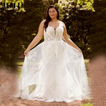 JEHETH Модерна сватбена рокля в голям размер, трапецовидна форма, без ръкави, с V-образно деколте и с отворен гръб, рокли за булката с дантелен аппликацией, Изискани vestidos de новия