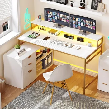 L-образно бюро с контакти, ключове, led подсветка и картотекой, голям компютър часа 55 инча, ъглово бюро, бяло злато