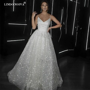 LINDO NOIVA, произведено по поръчка сватбена рокля от тюл с пайети, сватбени рокли принцеса с тънки спагети презрамки за жени, по-големи размери, vestido
