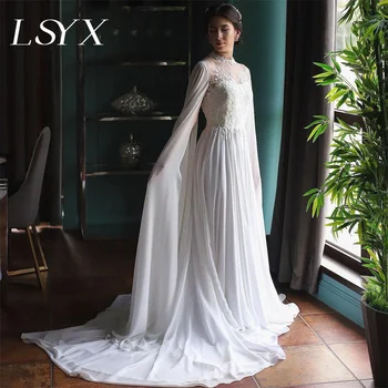 LSYX, Шифоновое сватбена рокля трапецовидна форма с дълъг расклешенным ръкав, Иллюзионное сватбена рокля с влак копчета отзад, сшитое по поръчка