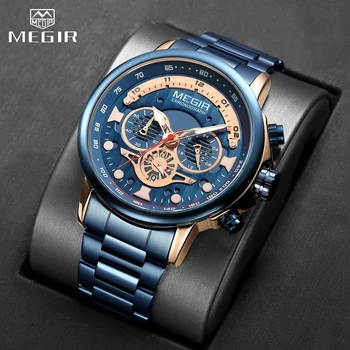 MEGIR Мъжки бизнес кварцов часовник с хронограф от неръждаема стомана, водоустойчив светещи аналогови сини ръчен часовник с 24-часова дата за мъже