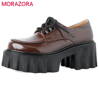 MORAZORA / 2022 г. Нова Мода Обувки от естествена Кожа, Дамски обувки-лодки, Пролетно-есенна Ежедневни обувки дантела, Дамски Обувки на платформа и висок ток