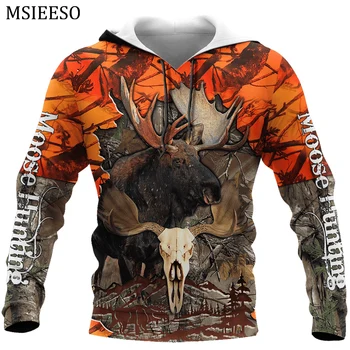 MSIEESO Hunting Moose Оранжево, камуфлаж с 3D принтом, модни мъжки hoody с качулка, градинска унисекс облекло, ежедневно яке с цип, пуловер