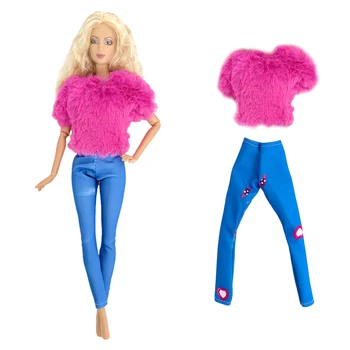NK 1 комплект Модерен Розов пуловер принцеса с къс ръкав, Сини панталони под формата на сърце, ежедневни дрехи за Барби, Аксесоари за Кукла, Подарък играчка за момичета
