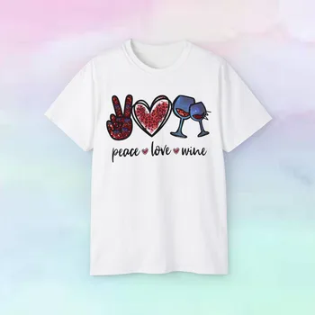 Peace Love Wine Забавно памучен тениска с дълги ръкави и алкохол
