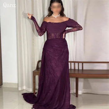Qanz Тъмно лилаво дантелени вечерни рокли Арабия Русалка с открити рамене, рокли за абитуриентски бал с дълги ръкави и корсетной облегалка