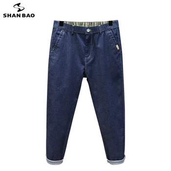 SHAN BAO 4XL 5XL 6XL 7XL Плюс Размера на Мъжки леки тъмно сини дънки Пролет-лято Маркови Свободни скъсяване на панталони с еластичен колан