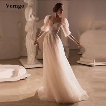 Verngo 2022 Реколта булчинска рокля с дантелен аппликацией трапецовидна форма, буйни Дълги ръкави, перлени копчета, сватбени рокли с шнур под формата на сърце отзад