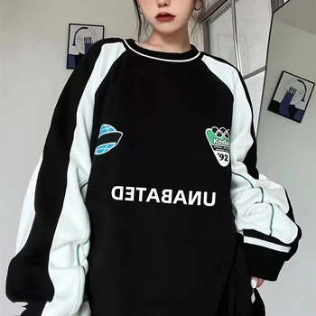 Y2k Готически Мото Състезателен Стил на Свободни Блузи, Дамски Harajuku Естетически Големи Качулки С кръгло деколте Хип-Хоп в Контрастен Цвят Пуловери