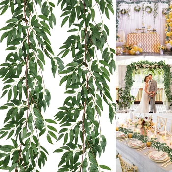 Yannew Изкуствен Италиански Рускус, Эвкалиптовая Венец, коприна върба лист, лоза, Зелените са за стая, вътрешно и външно оформяне на сватба в селски стил