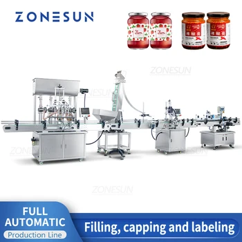 ZONESUN ZS-FAL180X3 Автоматизирана Производствена линия За производство на Чили Сос, Кетчуп, Олио Penut, Кръгли бутилки, Кутии за пълнене и затваряне, Машини за поставяне на етикети